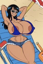 1girls ai_generated beach black_hair dark-skinned_female female female_only glasses glasses_on_head huge_breasts long_hair maplecat nico_robin one_piece sunglasses tiny_waist