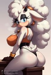 1girls ai_generated animal_ears animal_nose artist_name ass bare_shoulders blue_eyes blush body_fur breasts closed_mouth covered_nipples cumsonics female from_behind furry furry_female gloves huge_ass huge_breasts lanolin_the_sheep large_breasts long_hair looking_at_viewer looking_back non-web_source patreon_username simple_background sitting solo sonic_(series) tail thick_thighs thighs twitter_username watermark web_address white_fur