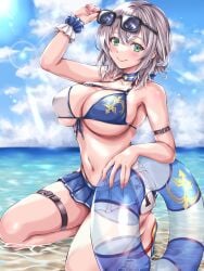 arm_strap bare_shoulders beach bikini bikini_skirt blue_skirt blue_sky blush breasts chest_belt choker cleavage closed_mouth cloud collarbone day eyewear_on_head female front-tie_bikini_top front-tie_top green_eyes grey_hair hair_between_eyes halterneck highres hololive innertube kneeling large_breasts lens_flare looking_at_viewer navel ocean orendji outdoors pink_nails pleated_skirt sandals scrunchie shirogane_noel shirogane_noel_(summer_2020) short_hair sidelocks sitting skirt sky smile solo stomach sunglasses swim_ring swimsuit thigh_strap thighs two-tone_bikini underboob virtual_youtuber wavy_hair wrist_scrunchie