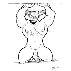 1boy anthro artist_name artist_signature bald balls bara beard bevis_musson biceps black_and_white dragon_age dragon_age_inquisition erection eyepatch eyewear facial_hair horns iron_bull kneeling looking_at_viewer male male_only monochrome muscles muscular muscular_male naked naked_male nipples nude nude_male pansexual_male pecs penis pointy_ears qunari smooth_armpits smooth_chest smooth_penis solo solo_male veiny_penis video_games