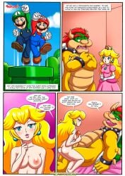 1girls 3boys ass bbmbbf blush bowser breasts comic dragon female fourth_wall_broken handjob luigi male male/female mario mario_(series) masturbation nintendo nipples nude palcomix penis princess_peach pussy sex speech_bubble the_mushroom_kingdom_secret_(comic) turtle