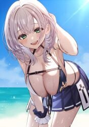 alternate_costume beach bikini blue_skirt braid breast_strap breasts cleavage commentary_request double-parted_bangs fanged_bangs female french_braid front-tie_bikini_top front-tie_top green_eyes grey_hair halterneck hanging_breasts highres hololive hololive_fantasy hololive_japan large_breasts leaning_forward lens_flare looking_at_viewer medium_hair ocean open_mouth outdoors parted_hair pleated_skirt shirogane_noel shirogane_noel_(summer_2020) skirt smile solo swimsuit toramaru_(toramal9831) tucking_hair two-tone_bikini virtual_youtuber wavy_hair