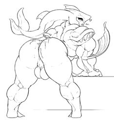 after_sex anus ass backsack balls bent_over big_butt cum cum_leaking cum_on_ass fish_humanoid greyscale humanoid hybrid looking_back male male_only monochrome mr_canvas muscular muscular_male nude sidon sidon_(zelda) solo standing thick_thighs