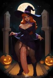 ai_generated bat cemetery costume cum cum_on_floor daphne_blake flaccid futanari halloween heels highres horsecock huge_cock large_penis lifting_skirt massive_penis moon night nipple_slip orange_hair pantyhose pumpkin ripped_pantyhose scooby-doo self_upload supermanson veiny_peni witch_costume witch_hat