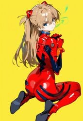 1girls ai_generated ass asuka_langley_sohryu full_body kneeling long_hair looking_back neon_genesis_evangelion plugsuit shoppy smile soles yellow_background