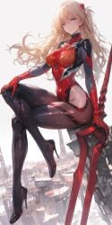 1girls ai_generated asuka_langley_sohryu heels holding_weapon large_breasts long_hair neon_genesis_evangelion orange_hair plugsuit serious shoppy sitting spear