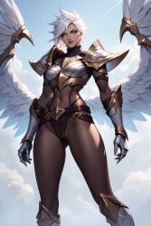 1girls ai_generated angel angel_wings armor ass ass_focus bodysuit cameltoe child_bearing_hips clouds cloudy_sky female female_focus female_only golden_eyes kayle league_of_legends pussy pussy_visible_through_clothes riot_games solo solo_female solo_focus thick thick_ass thick_legs thick_thighs white_hair wings