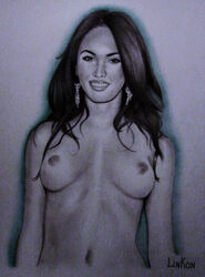 actress breasts brown_hair celebrity fit2quit looking_at_viewer megan_fox monochrome nude sketch smile smiling topless