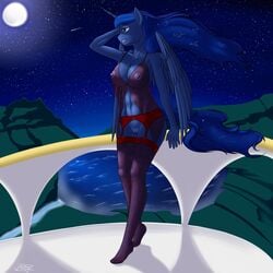 2015 alicorn anthro anthrofied areola balcony big_breasts blue_hair breasts clothing equine female friendship_is_magic full_moon garter_belt hair horn legwear lingerie long_hair mammal moon my_little_pony navel nipples outside pabloracer plantigrade princess_luna_(mlp) pussy see-through shooting_star solo stockings water wings