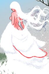 1girls akairiot ass back bare_tree breasts eyelashes fur_coat grass highres hjarn_(akairiot) long_hair nude original sideboob snow solo tree undressing very_long_hair white_hair