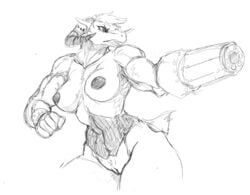 1girls angry anthro big_breasts breasts cyborg demon doom female fighting_stance guoh hair horns muscular_female pussy short_hair sketch solo tyrant_(doom)