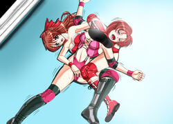 artist_request blush boots bow brown_hair catfight clothing corey_sniper corset elbow_pads female fingering from_above hair_ribbon highres knee_pads leotard long_hair multiple_girls mutou_megumi octopus_hold open_mouth purple_eyes saliva submission_hold sweat trembling wrestle_angels wrestle_angels_survivor wrestle_angels_survivor_2 wrestling wrestling_outfit wristband yuri