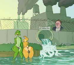 2018 alex_jones amphibian anthro artbyyellowdog ass bathing big_ass bulge closed_eyes clothing english_text factory femboy fence frog gay hi_res human humor i_dont_like_them_putting_chemicals_in_the_water_that_turn_the_freaking_frogs_gay male male_only mammal meme outlet river smoke smokestack text thong water wide_hips yaoi