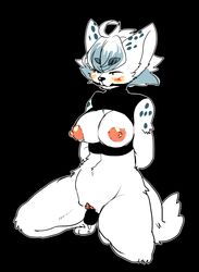 anthro big_breasts blush bottomless breasts clothed clothing crouching dildo dildo_sitting exposed_breasts female fur gag gagged hair half-dressed insertion mammal nipples penetration powderkona pussy sex_toy short_hair skimpy spots unknown_species white_fur