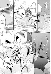 azuma_minatsu balls comic eeveelution english_text erection female greyscale jolteon male monochrome nintendo penis pokémon_(species) pokemon pokemon_(species) pussy straight text vaporeon video_games water