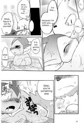 azuma_minatsu comic eeveelution english_text female greyscale jolteon male monochrome nintendo pokémon_(species) pokemon pokemon_(species) straight text vaporeon video_games water