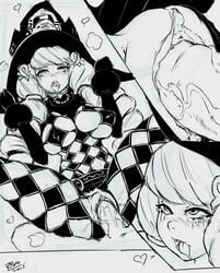 ahe_gao breasts checkered clothing crying crying_with_eyes_open drooling female fiore_brunelli fucked_silly hat highres large_breasts monochrome open_mouth penis pussy randomboobguy rolling_eyes sex sketch solo_focus star_ocean star_ocean_integrity_and_faithlessness tongue tongue_out underboob vaginal_penetration witch_hat