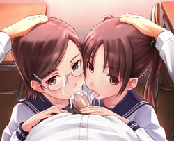 1boy 2girls blush brown_eyes brown_hair censored collaborative_fellatio cum cum_in_mouth cum_on_glasses facial fellatio glasses group_sex hair_ornament hairclip hand_on_another's_head licking long_hair looking_at_viewer multiple_fellatio multiple_girls oral original penis pov school_uniform serafuku shimano_natsume short_hair solo_focus straight teamwork tied_hair tongue tongue_out twintails