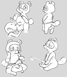 2014 animal_crossing anthro apron ass balls big_balls black_and_white cum heart male male_only mammal masturbation monochrome nintendo nude open_mouth penis ponchuzn sweat tanuki tom_nook yaoi