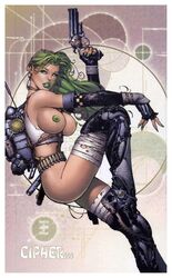 ammo_belt aphrodite_ix armwear ass belt breasts casual comic_cover david_finch edit eyes female firearm green_eyes green_hair green_lipstick green_nipples gun hair handgun human joe_weems legwear no_bra no_panties pale_skin photoshop pistol revolver steve_firchow tagme third-party_edit weapon