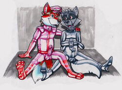 agent_(artist) anthro bondage bound canine catsuit_(disambiguation) collar erection eyewear fox gag glasses hat male malesub mammal multiple_subs open_mouth_gag peaked_cap penis procyonid raccoon ring_gag rubber straitjacket yaoi