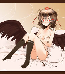 1girls bed black_hair black_wings breasts cleavage female footwear hat letterboxed panties red_eyes shameimaru_aya side-tie_panties socks solo takaharu topless touhou underwear wings