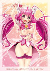 arm_up bike_shorts blush breasts clothing cure_happy female hands_tied hoshizora_miyuki itachou long_hair looking_at_viewer magical_girl mound_of_venus nipples open_mouth pink_eyes pink_hair precure pretty_cure pussy shorts small_breasts smile_precure solo tied_hair torn_clothes twintails very_long_hair