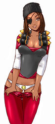 1girls armor beanie breasts brown_eyes brown_hair brown_skin cleavage clothes color dark-skinned_female dark_skin demoman dreadlocks eye_patch eyepatch female female_only femdemo front_view hat human krowzivitch looking_at_viewer open_eyes panties pants pants_down rule_63 shirt short_hair smiley solo standing team_fortress_2 tongue tongue_out uncensored underwear white_background