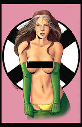 1girls anna_marie breasts brown_hair censor_bar censored color colored female female_only g.w._fisher gloves green_eyes human human_only light-skinned_female light_skin long_hair marvel marvel_comics navel paheal panties pink_background rogue_(x-men) solo straight_hair tears topless topless_female underwear undressing undressing_self x-men