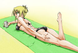 barefoot beach beer bikini blonde_hair breasts cameltoe feet green_eyes hair_bun lucky_star lying murazono nanako_kuroi on_belly_feet_up_pose open_mouth side-tie_bikini sweat swimsuit towel underboob