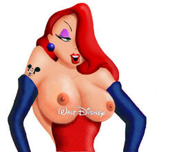 areola arm_gloves breasts_out disney dress earrings eyeshadow female female_only green_eyes hair_over_one_eye jessica_rabbit lipstick long_hair long_red_hair mickey_mouse mickey_mouse_symbol nipples oks2 red_hair solo tattoo tattoo_on_arm walt_disney white_background who_framed_roger_rabbit