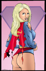 ass blonde_hair blue_eyes clothes dc_comics female g.w._fisher hair looking_at_viewer supergirl superman_(series) torn_clothes