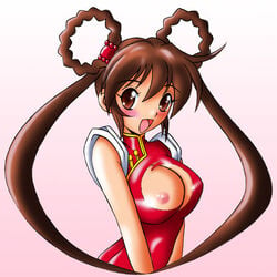 1girls blush breasts brown_eyes brown_hair curvaceous devil_hunter_yohko dress female hair_rings haruyama huge_eyes human large_breasts light-skinned_female light_skin long_hair nipples solo torn_clothes yohko_mano