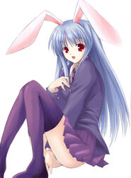 animal_ear blazer blue_hair bunny_ear hand_on_own_chest hand_to_chest lavender_hair long_hair open_mouth panties pantyshot pantyshot_(sitting) pantyshot_sitting pleated_skirt red_eyes reisen_udongein_inaba sitting skirt smile solo thighhighs touhou underwear utakata_(0824)