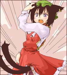 animal_ears cat_ears cat_tail chen china_dress chinadress chinese_clothes color cute_fang dress hat jewelry lowres multiple_tails oekaki pink_background red_dress ribbon ribbons seki_(red_shine) solo tail tail_between_legs touhou uncensored