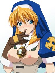 1girls blonde_hair blue_eyes breasts breasts_out chrono_crusade gloves headwear licking_hand light-skinned_female nipples nun_outfit pointy_chin rosette_christopher solid_color_background tongue_out white_background