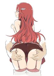 arms_up ass ass_grab black_panties blush close-up cordelia_(fire_emblem) embarrassed female fire_emblem fire_emblem_awakening from_behind garter_straps grope groping hand_under_clothes highres long_hair looking_down molestation nervous nintendo nose_blush panties pov_ass red_eyes red_hair red_legwear sekaihebi shy thighhighs thighs underwear very_long_hair white_background wing_hair_ornament