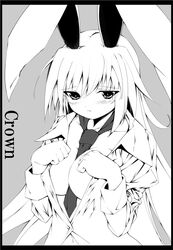 female animal_ear breasts bunny_ear cleavage large_breasts monochrome necktie reisen_udongein_inaba repair solo touhou