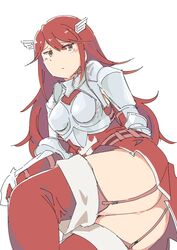 armor ass belts boot close-up cordelia_(fire_emblem) embarrassed female fire_emblem fire_emblem_awakening from_behind garter_straps highres leaning_forward long_hair nintendo no_panties pov_ass red_eyes red_hair red_legwear sekaihebi shy thighhighs thighs very_long_hair white_background wing_hair_ornament