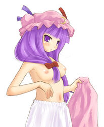 bloomers bloomers_(victorian) breasts female female_only hat human kasuga_yukihito long_hair nipples patchouli_knowledge purple_eyes purple_hair ribbon solo topless touhou undressing