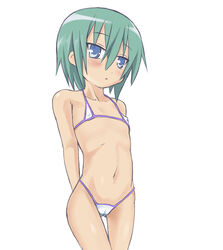 blue_eyes blush cameltoe female female_only flat_chest green_hair human lucky_star micro_bikini minami_iwasaki rayphenos short_hair solo swimsuit