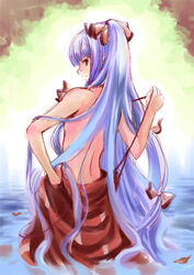 back bare_back bow from_behind fujiwara_no_mokou hairbow long_hair looking_back naked_suspenders red_eyes silver_hair solo suspenders topless touhou undressing very_long_hair water