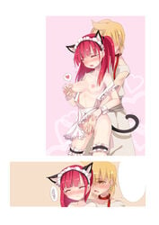 1boy :t ali_baba_saluja anal anal_insertion animal_ears apron bare_shoulders blonde_hair blush breasts buttplug buttplug_tail cat_ears cat_tail closed_eyes collarbone earrings female fingering garters hands_on_shoulders heart highres jewelry kissing magi:_the_labyrinth_of_magic male morgiana mound_of_venus mvv naked_apron nipple_tweak nipples pussy_juice rancy01 red_hair spoken_squiggle squiggle tail thigh_strap trembling wrist_cuffs yellow_eyes