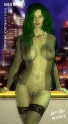 1girls 3d 3d_(artwork) big_breasts breasts female female_only green-skinned_female green_hair green_skin hulk_(series) marvel marvel_comics naked naked_female necklace nipples pubic_hair see-through_clothing she-hulk solo stockings the_pitt transparent_clothing