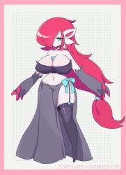 alternate_color blue_eyes clarevoir cosplay_gardevoir dusk_(psyke) female gardevoir hybrid looking_at_viewer nub_feet pokemon pokemon_(species) pokemon_hybrid red_hair skindentation solo stockings zoroark