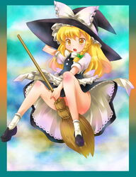 blonde_hair bloom blush broom broom_riding female hat human long_hair marisa_kirisame michii_yuuki no_panties ribbon ribbons solo touhou