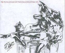 1boy 1girls 2000 batman batman_(series) bruce_wayne catwoman dc_comics female frank_chavez male monochrome nipples selina_kyle sex