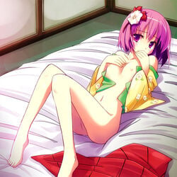 1girls blush bottomless covering_mouth female flat_chest flower futon hair_ornament haori hieda_no_akyuu lowres lying no_panties nude on_back open_clothes perfect_memento_in_strict_sense purple_eyes purple_hair renee short_hair solo touhou