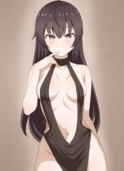 1girls :3 absurd_res areola_slip artist_name audirenze bare_arms black_dress black_eyes black_hair blush breasts brown_background closed_mouth collarbone cowboy_shot dress female finger_to_mouth gradient_background halterneck hi_res long_hair looking_at_viewer medium_breasts navel no_panties paid_reward_available pelvic_curtain plunging_neckline revealing_clothes solo suou_yuki tokidoki_bosotto_russian_de_dereru_tonari_no_alya-san twintails