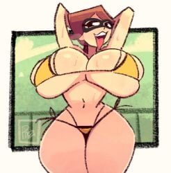 1girls belly belly_button bikini bikini_bottom bikini_top blush bra breasts cleavage female female_focus female_only panties pixzapix thong underwear